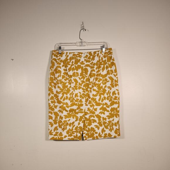 LOFT Knee Length Skirt Womens 8 Mustard Yellow White Floral Pencil Lined Office - Picture 3 of 8
